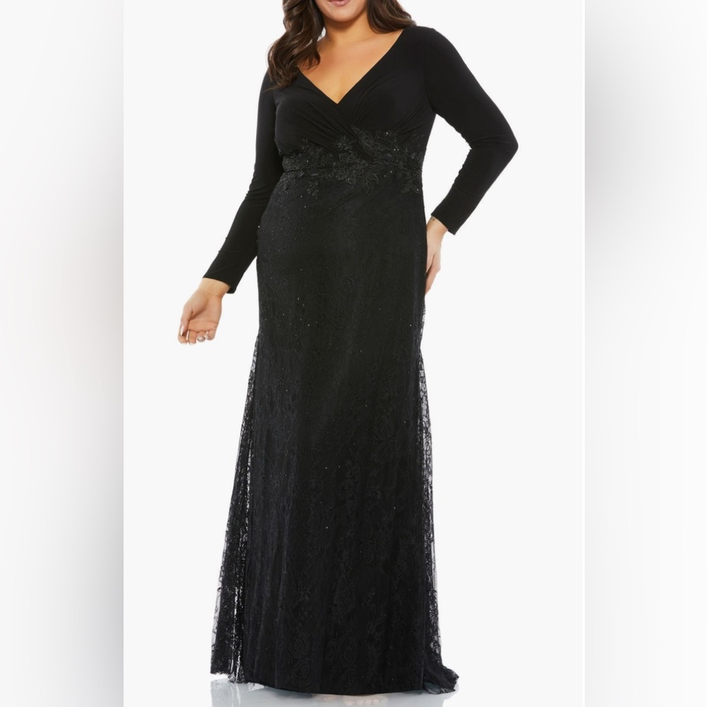 Mac Duggal wrap-over long sleeve lace appliqué trumpet Gown